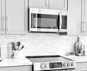 Photo of a kitchen centered on microwave oven.